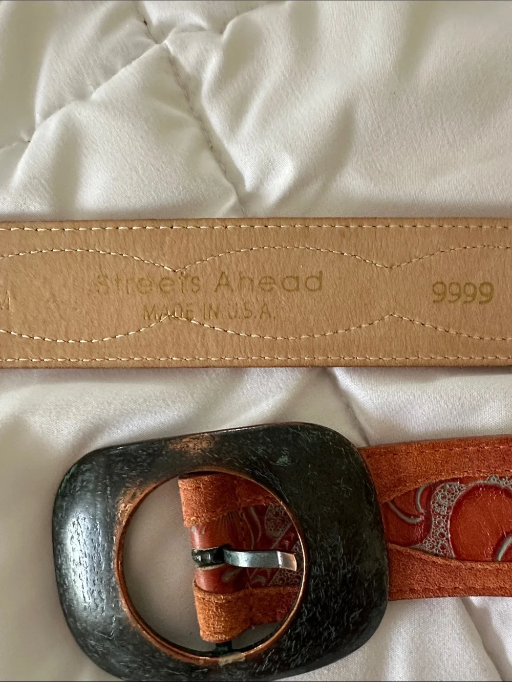 Tooled Leather Belt with Antique made in Italy Metal Buckle